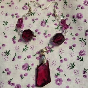 Red & White Swarovski Crystal Hook Earrings and Pendant